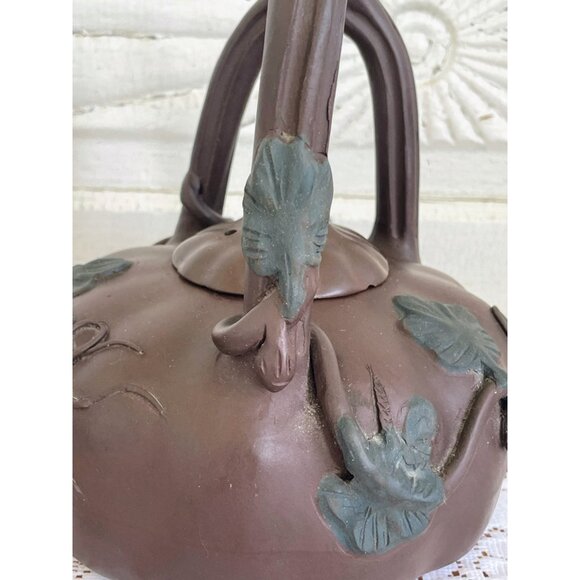 Vintage Clay Pumpkin Chinese Yixing Teapot Vines Big Stem Handle Signed - Picture 2 of 16